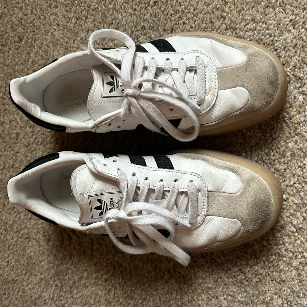 Adidas Men's White and Black Sneakers with Tan Sole